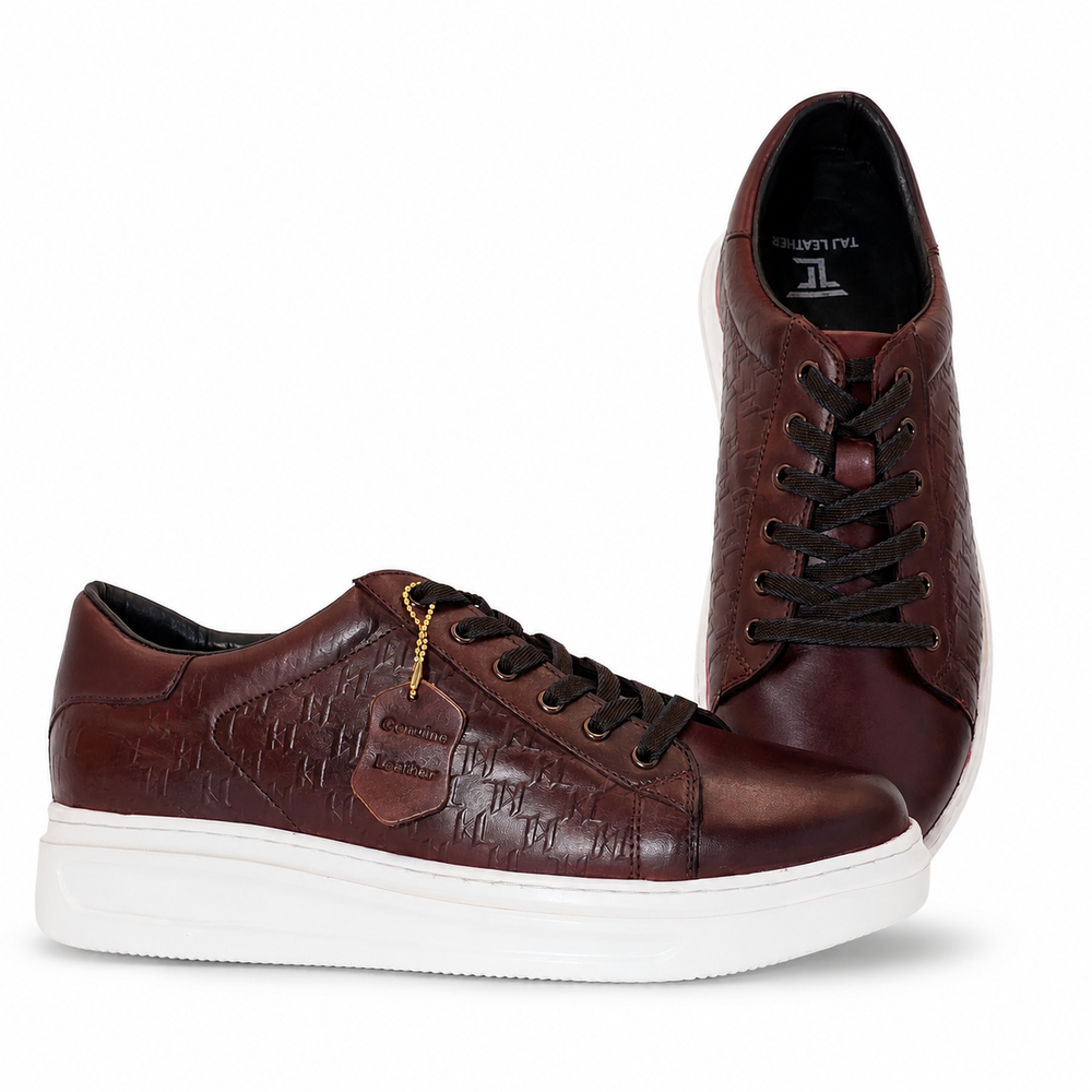 Cherry Brown Textured Low-Top Leather Sneakers